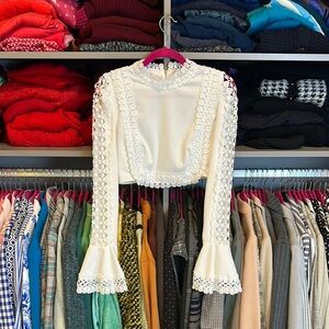 Glamaker white bell long sleeve embroidered back zipper crop top size M